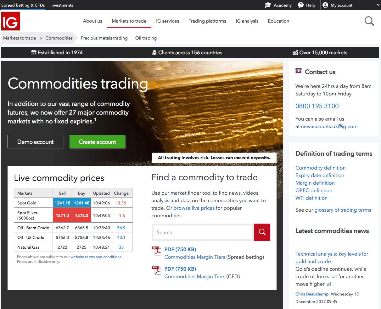 Commodities market page from IG.com