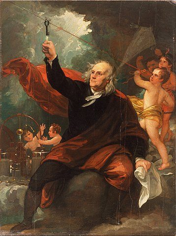 Benjamin Franklin sacando electricidad del cielo vía Wikimedia