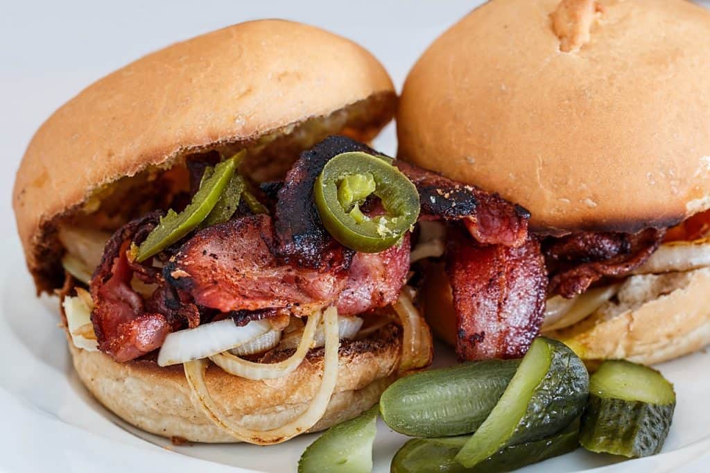 Bacon Burger with pickles and jalapeños