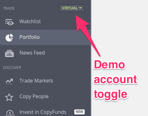 eToro Demo account toggle switch.