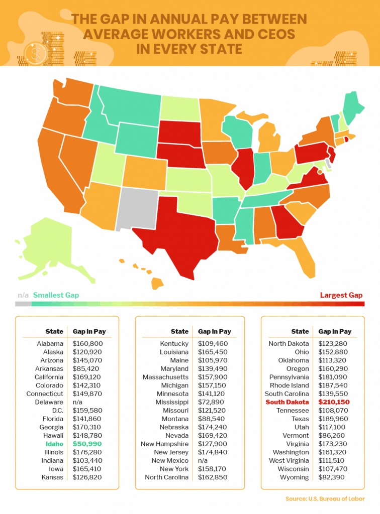 map showing the annual CEO pay vs worker pay gap by state