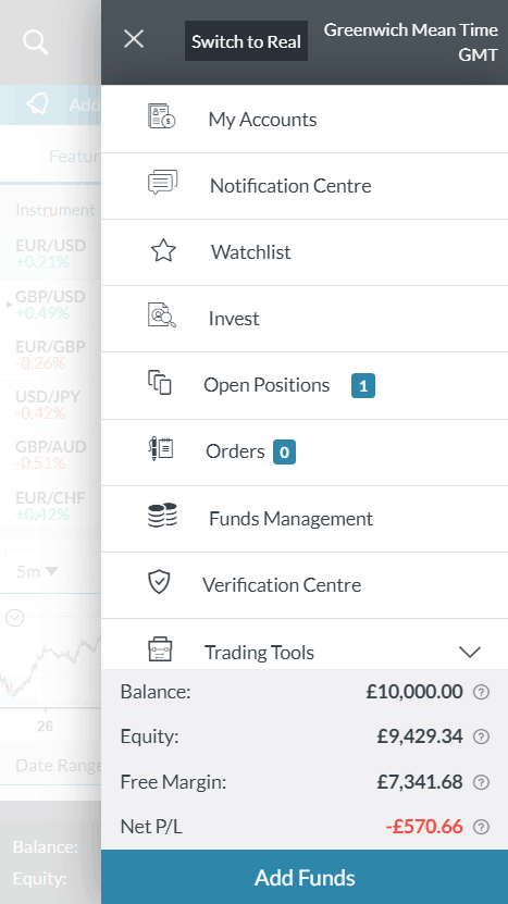 Markets.com Mobile menu