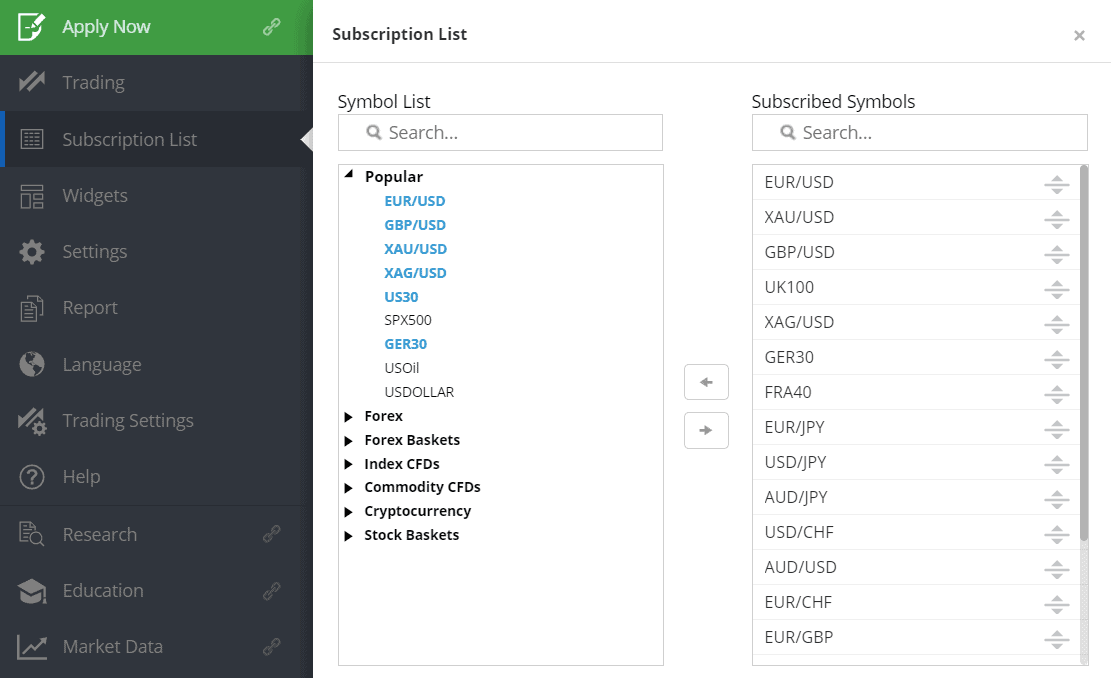 Asset browsing with FXCM