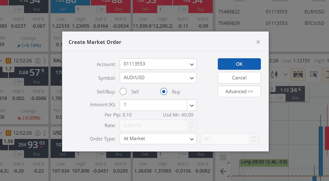 Executing a trade with FXCM