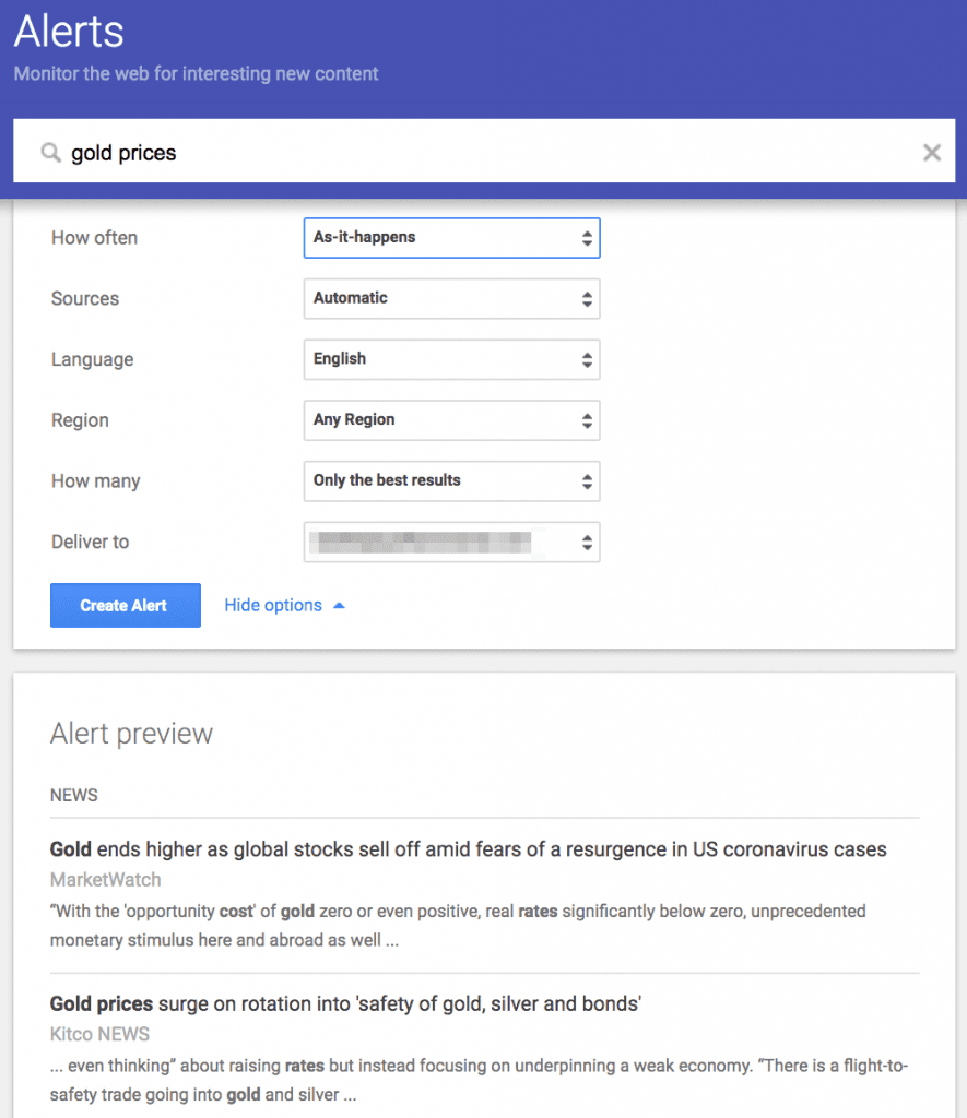 Google Alert options