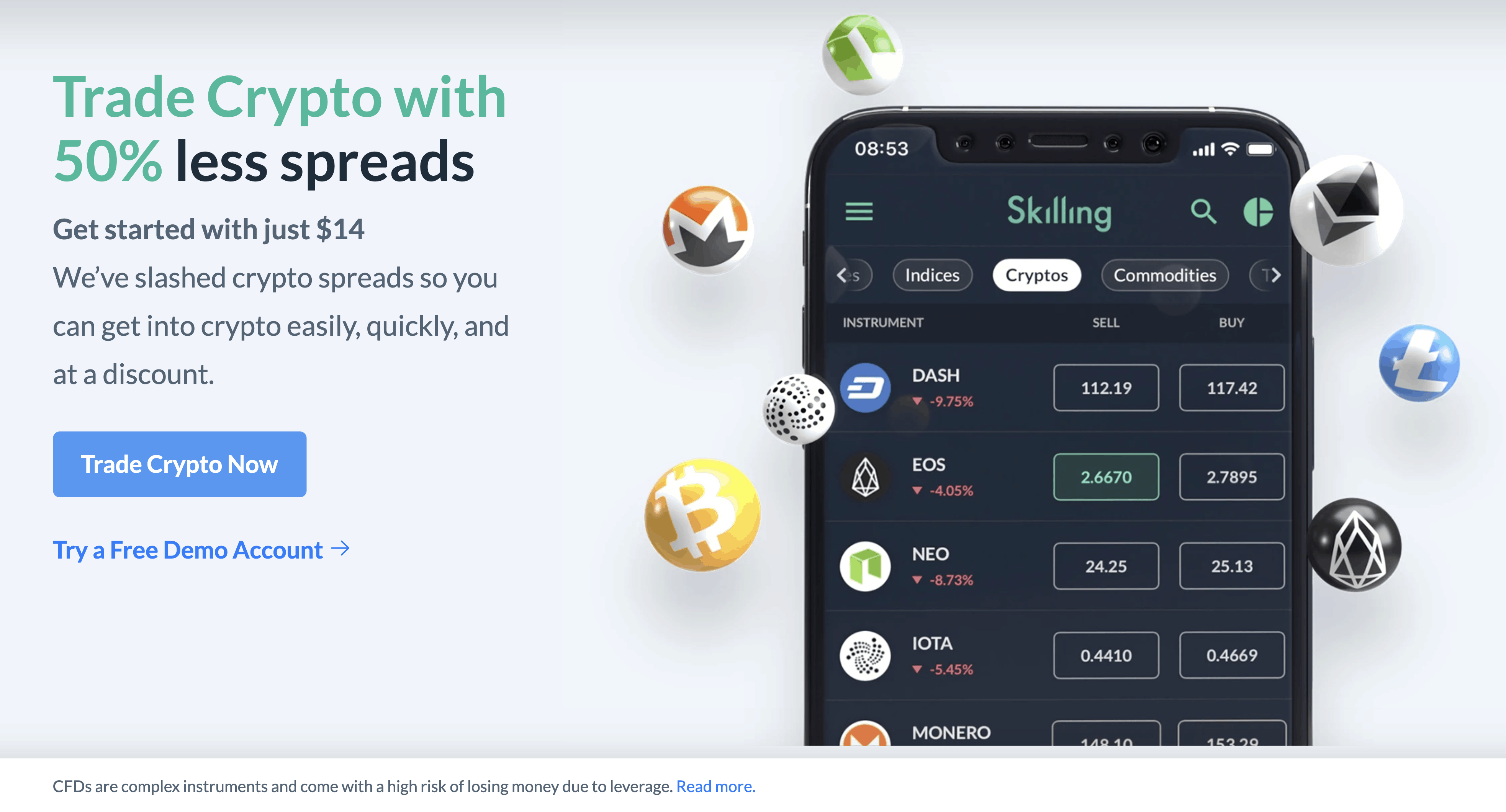 Skilling cripto en el móvil con spreads