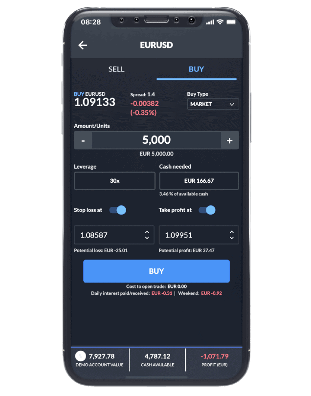Ticket de pedido de Skilling Trader en el móvil.