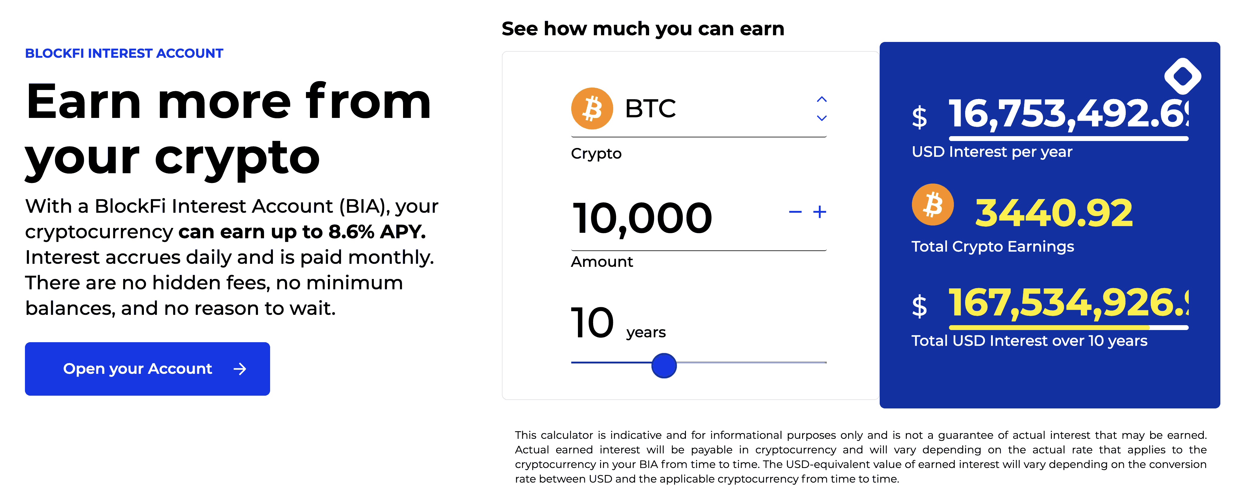 BlockFi interest calculator showing that interest over 10 years for 10k BTC could earn over $16 million.