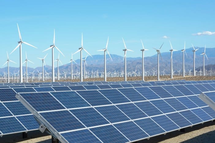 Photovoltaic solar panels and wind turbines, San Gorgonio Pass Wind Farm, Palm Springs, California