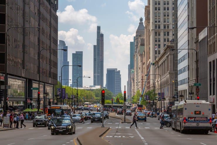 View of traffic on Michigan Avenue, Chicago, Illinois, United States of America, North America