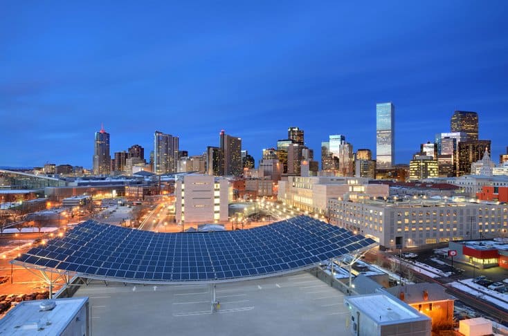 Denver Colorado skyline with solar panels