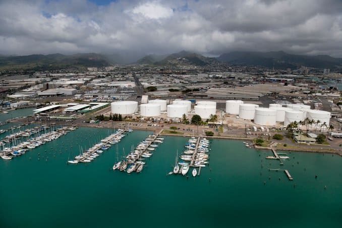Aerial view of Keehi Small Boat Harbor in Honolulu, Hawaii showing oil storage tanks in background.. Image shot 2009. Exact date unknown.