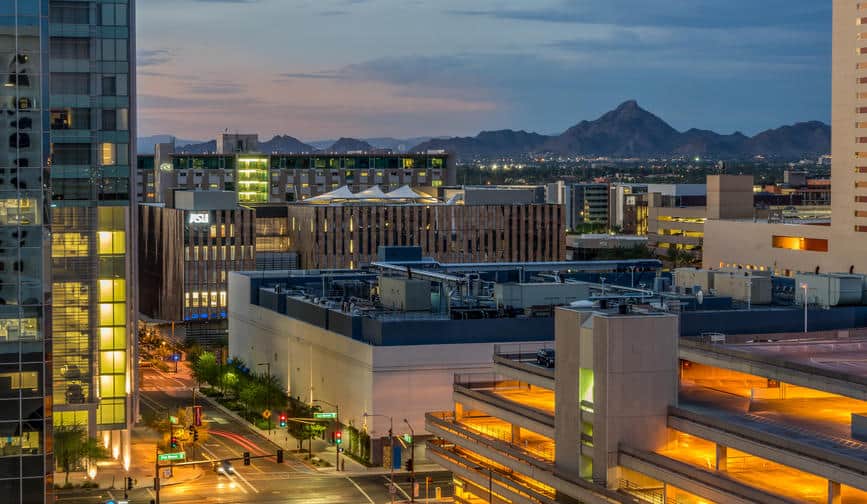 Phoenix Arizona USA - AUG 28, 2017. Phoenix evening city view with mountain in the background