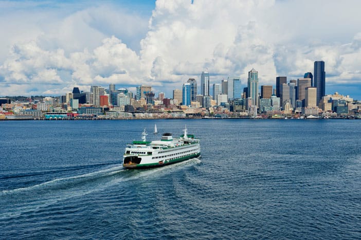 Aerial view of ferry, Seattle, Washington State, USA