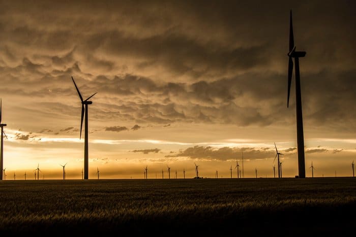 Mammatus clouds and light over wind farm in rural Kansas