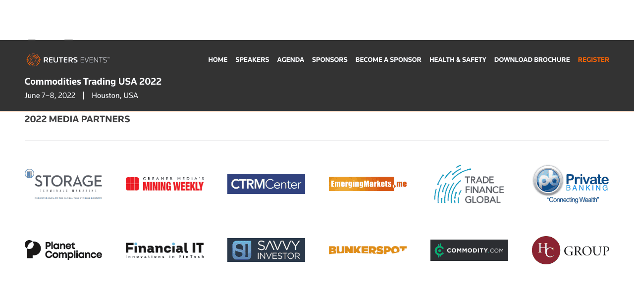 Screenshot from Reuters Events website showing Commodity.com listed as a 2022 Media Partner for Commodities Trading USA 2022